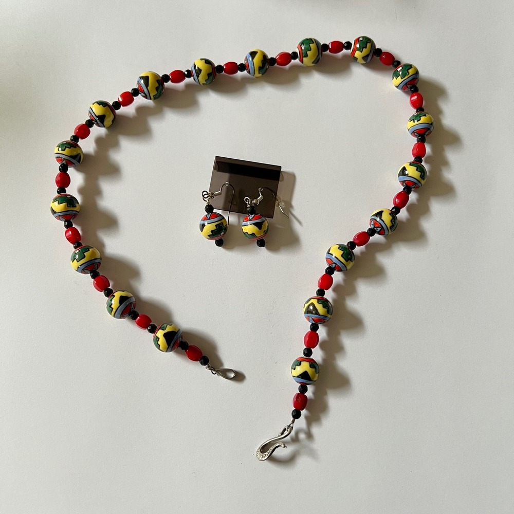 Artisan Hand Painted Ceramic Bead Necklace and Earring Set Multi Color Geometric